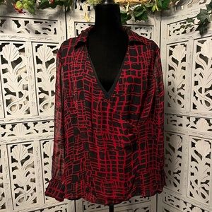 ALFANI RED & BLACK DESIGN SILKY LIGHTWEIGHT LONG SLEEVE PLUS TOP